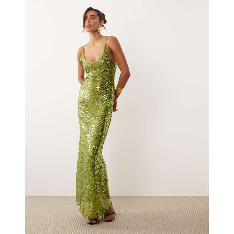 ASOS DESIGN embellished sheer scattered sequin cami maxi dress in green |  ASOS