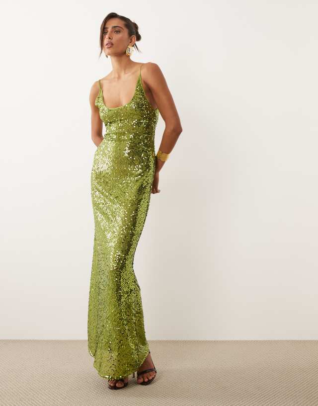 ASOS DESIGN embellished sheer scattered sequin cami maxi dress in green |  ASOS