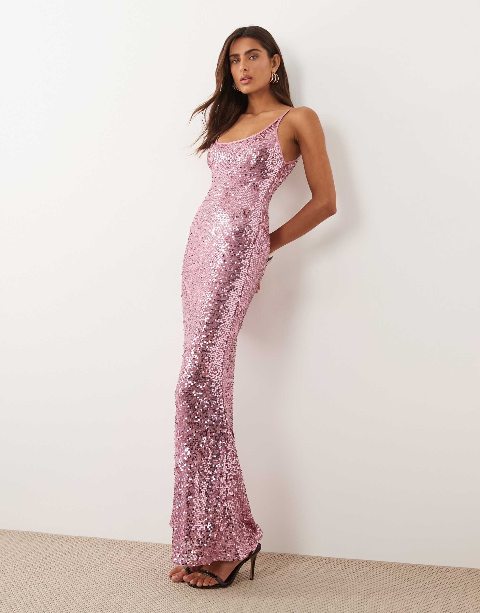 asos design embellished sheer scattered sequin cami maxi dress in lilac