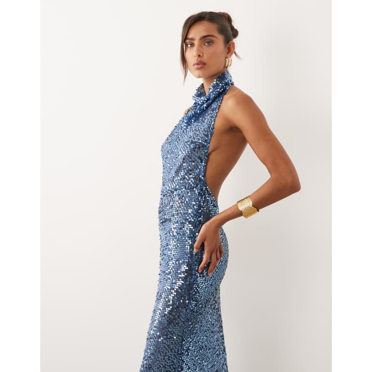 ASOS DESIGN embellished sheer sequin halter maxi dress in blue | ASOS