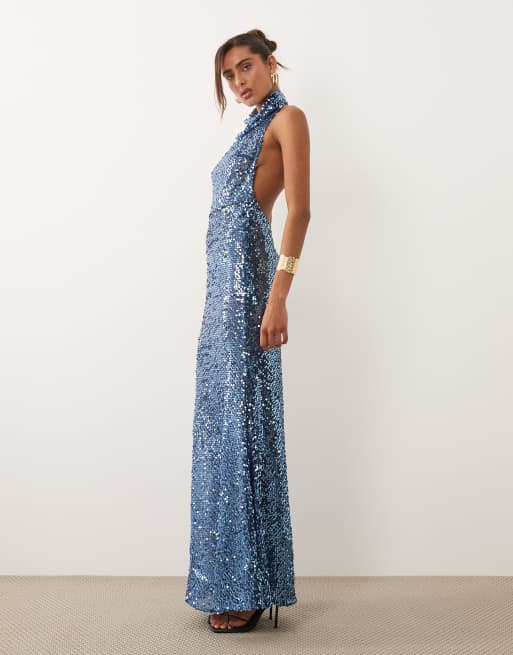ASOS DESIGN embellished sheer sequin halter maxi dress in blue, 3 of 4