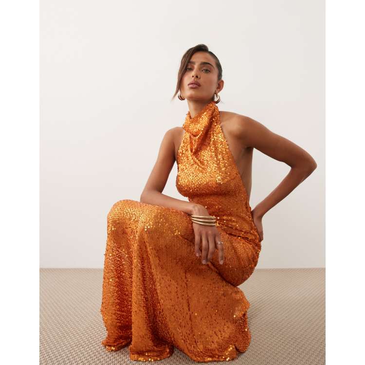 slim fit dress slacks Hot Long Orange Sequins Lace Formal Evening Dress with Halter Neck EN5411 Size 16 / Orange main image 1