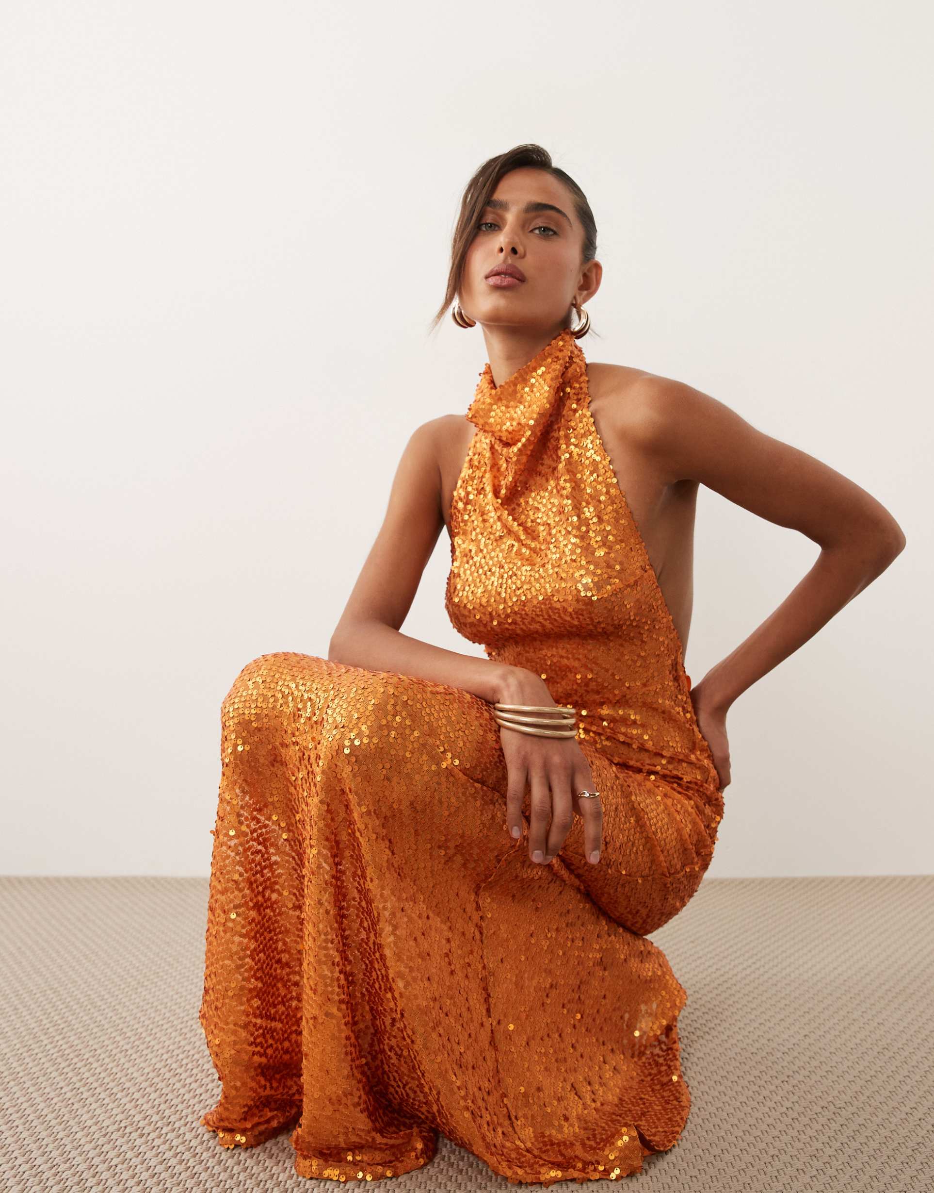 asos design embellished sheer sequin halter maxi dress in matte orange