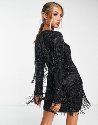 ASOS DESIGN embellished shift mini dress with beaded fringe in black
