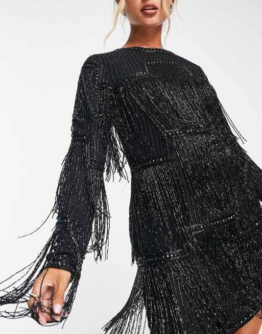 Black beaded 2025 fringe dress