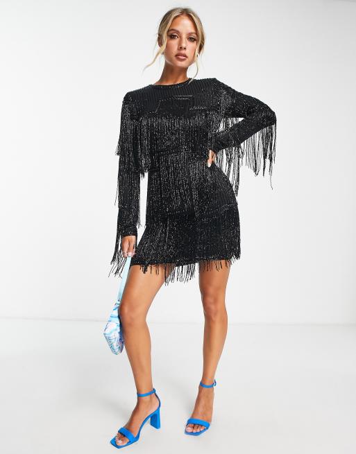 ASOS Design Embellished Fringe Batwing Mini Dress in White