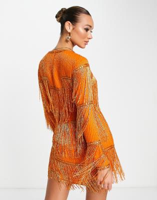 Asos orange 2025 fringe dress