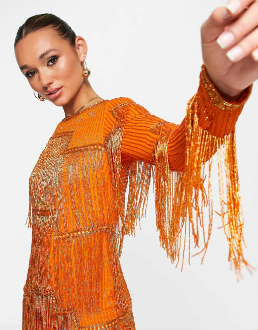 Asos orange 2025 fringe dress