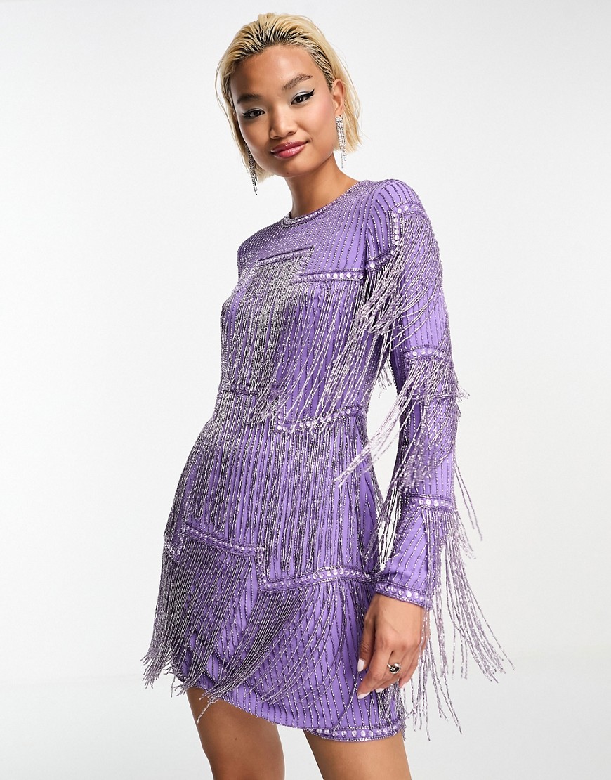 Asos Design Embellished Shift Mini Dress With Beaded Fringe In Purple
