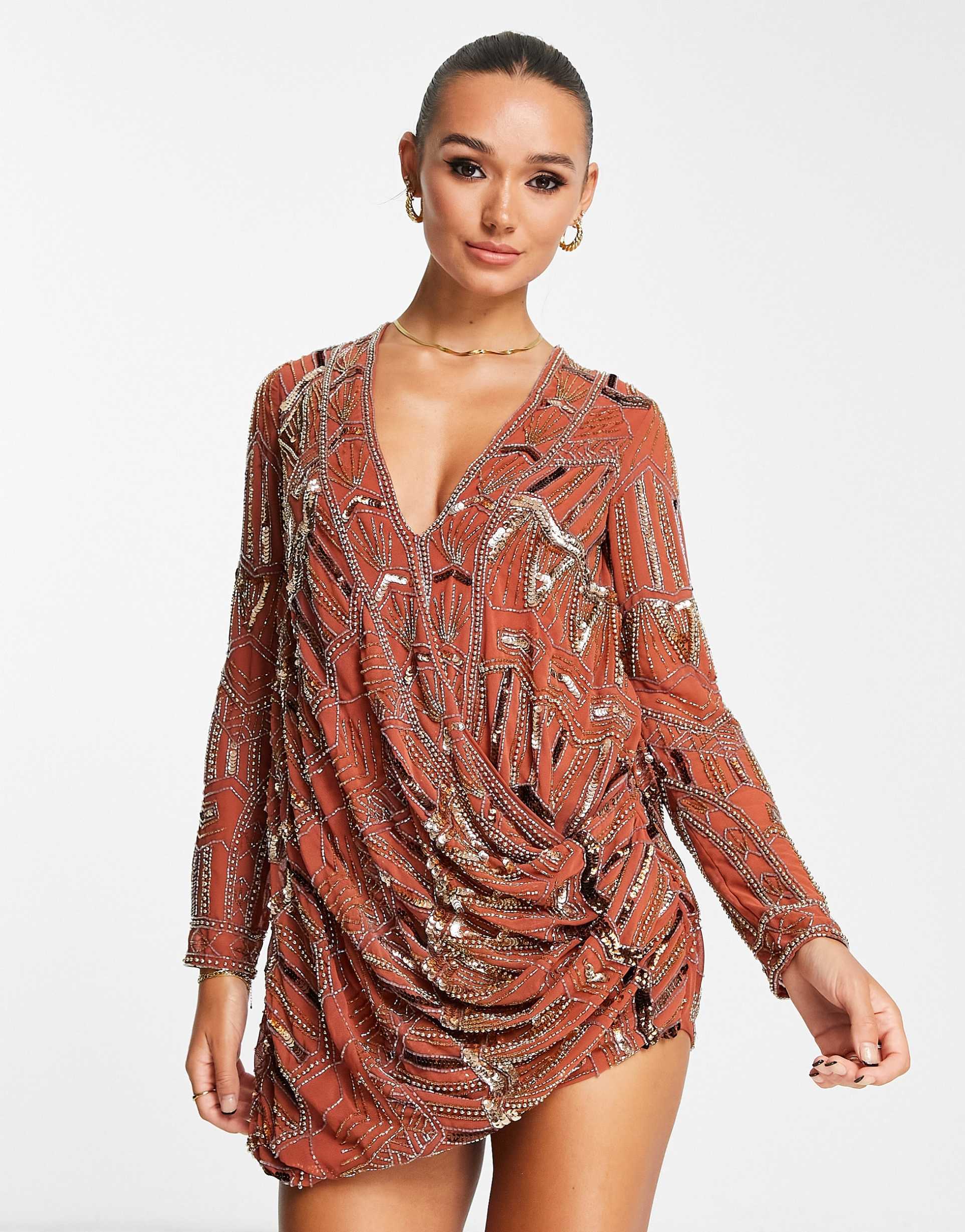 asos design embellished shift mini dress with drape front detail in rust