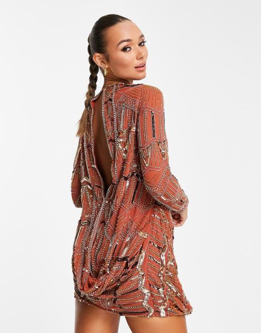 ASOS DESIGN kimono sleeve maxi dress in sequin in rust