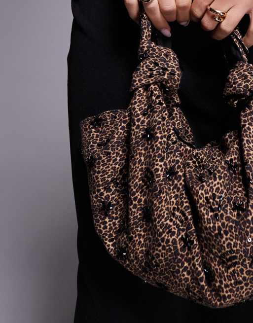 ASOS DESIGN embellished slouchy clutch purse with knot handles in leopard print, 3 of 4