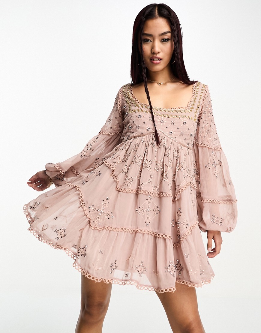 ASOS DESIGN embellished smock mini dress with geo embellishment in mauve-Pink