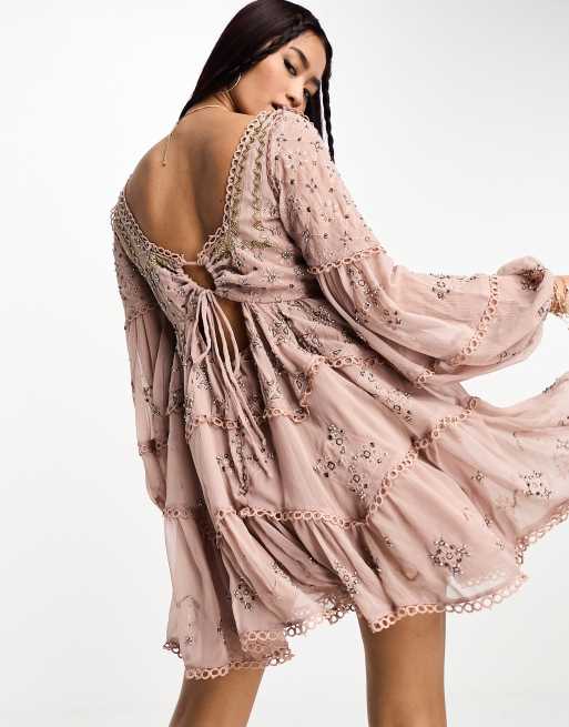 ASOS DESIGN embellished smock mini dress with geo embellishment in mauve ASOS