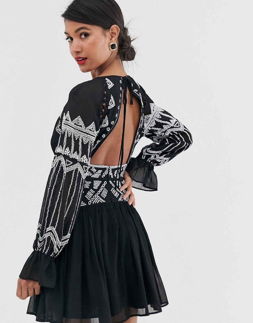 ASOS DESIGN embellished soft mini dress in washed chiffon-Black