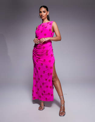 Asos Design Embellished Spot Drape Midaxi Dress In Pink