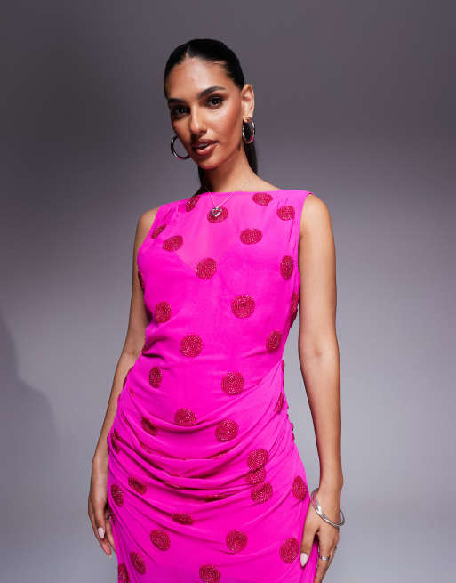 ASOS DESIGN embellished spot drape midaxi dress in pink