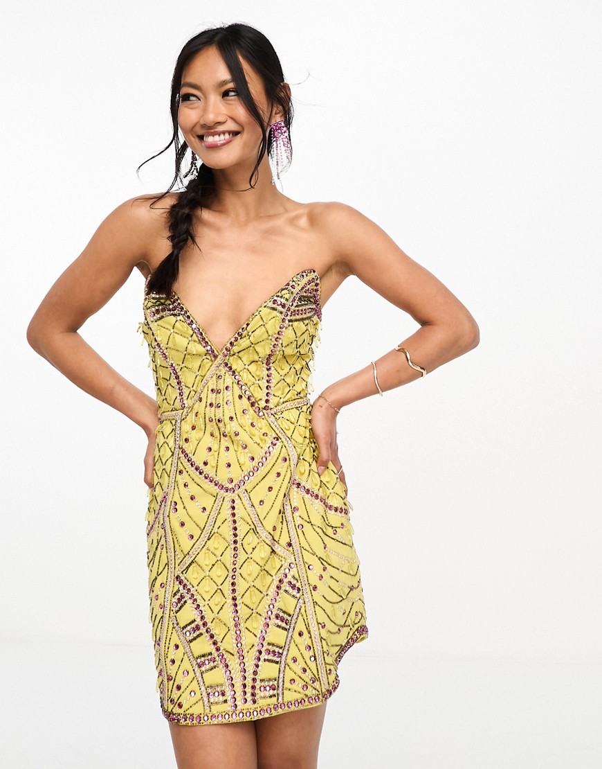 Asos Design Embellished Structured Plunge Mini Dress With Curve Hem In Yellow