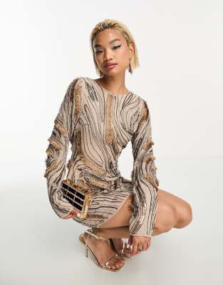 ASOS DESIGN ASOS DESIGN embellished swirl mini dress with texture detail in taupe-Brown