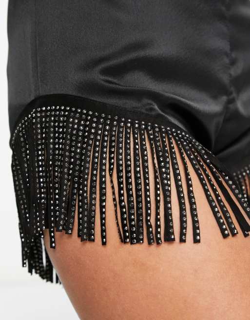 ASOS DESIGN embellished tassel beach shorts in black (part of a set), 3 of 4