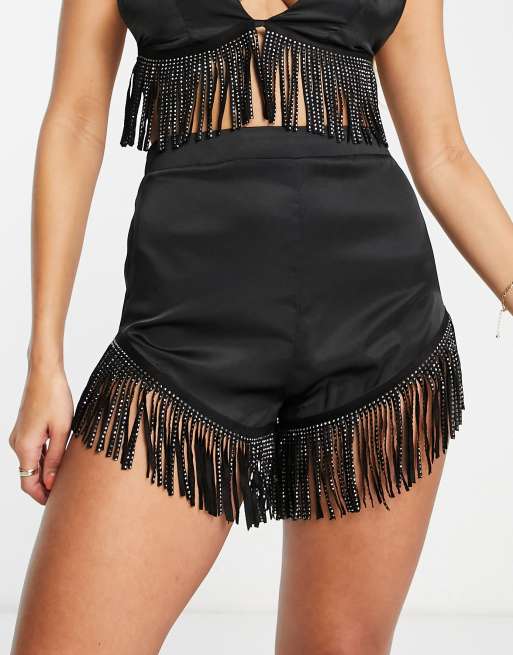 ASOS DESIGN embellished tassel beach shorts in black (part of a set), 4 of 4