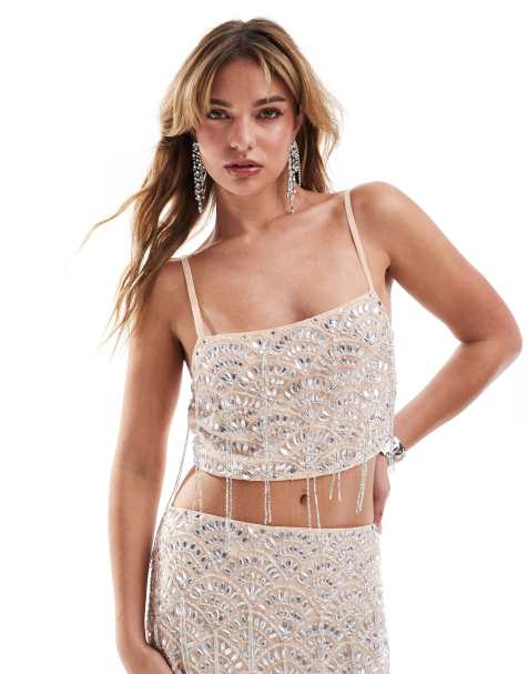 ASOS DESIGN embellished tassel cami top co-ord in cream - view 1