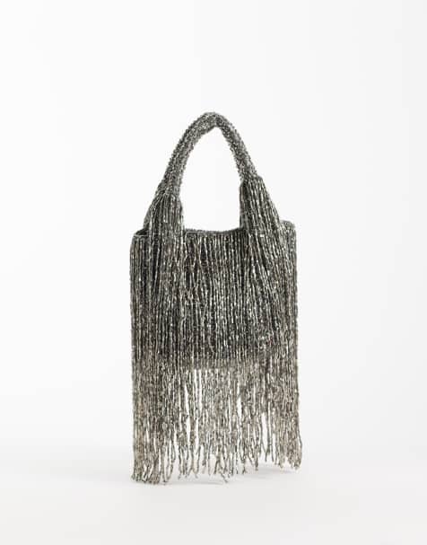 ASOS DESIGN embellished tassel clutch in silver - view 1