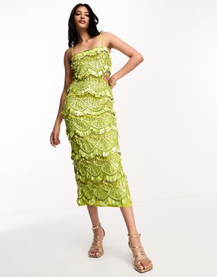 Asos Design Embellished Teardrop Sequin Midi Dress With Cut Out Waist Detail In Lime-green