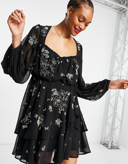 ASOS DESIGN embellished tiered mini dress with blouson sleeve