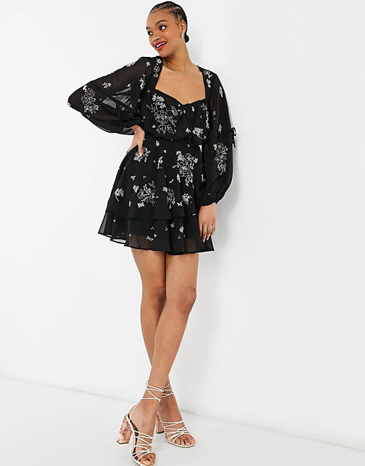 Dresses embellished tiered mini dress with blouson sleeve 