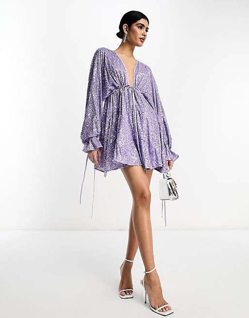 ASOS DESIGN embellished tiered mini dress with tie detail in lilac sequin | ASOS