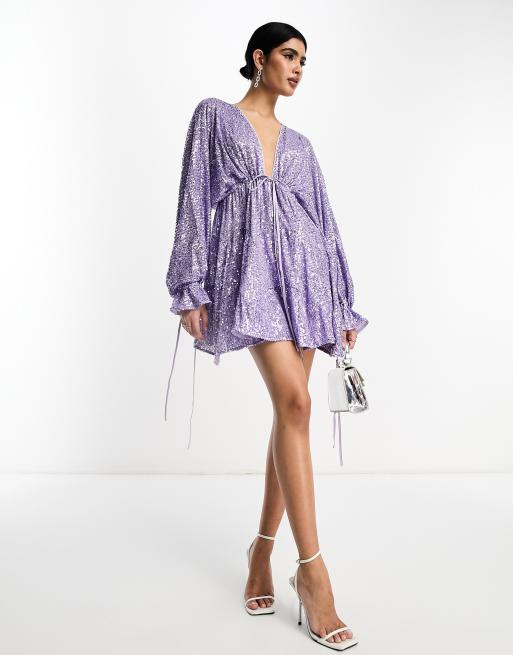 ASOS DESIGN embellished tiered mini dress with tie detail in lilac sequin