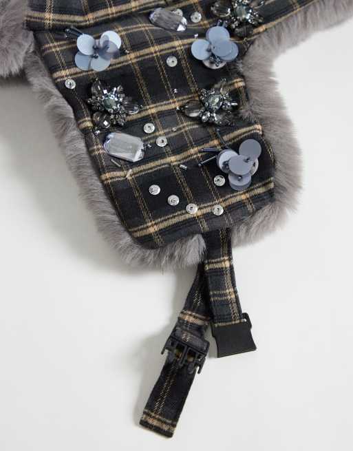 ASOS DESIGN embellished trapper hat in check print with fur, 2 of 3