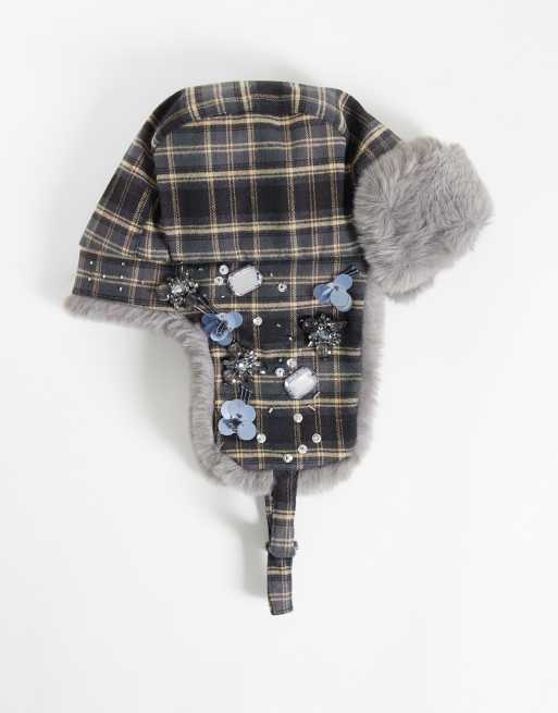 ASOS DESIGN embellished trapper hat in check print with fur, 3 of 3