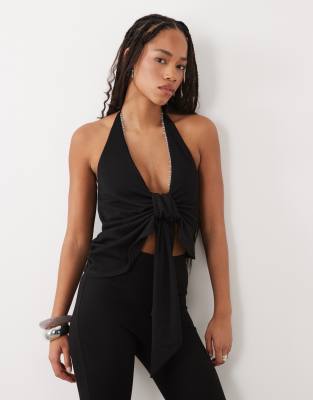 Asos Design Embellished Trim Halter Neck Knotted Top In Black