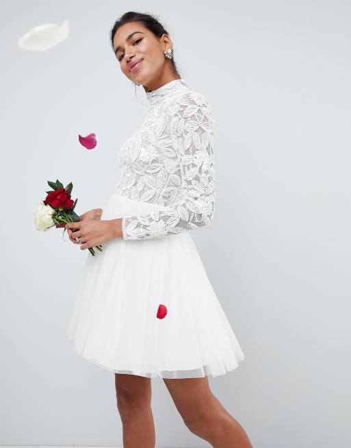 ASOS DESIGN Arabella embellished bodice mini wedding dress with mesh skirt