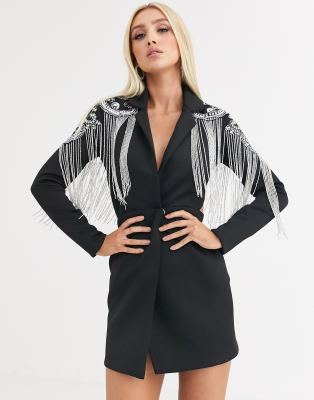 asos design embellished fringe blazer dress
