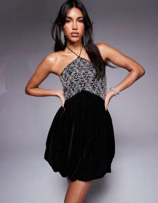 embellished velvet halter mini dress with bubble hem in black