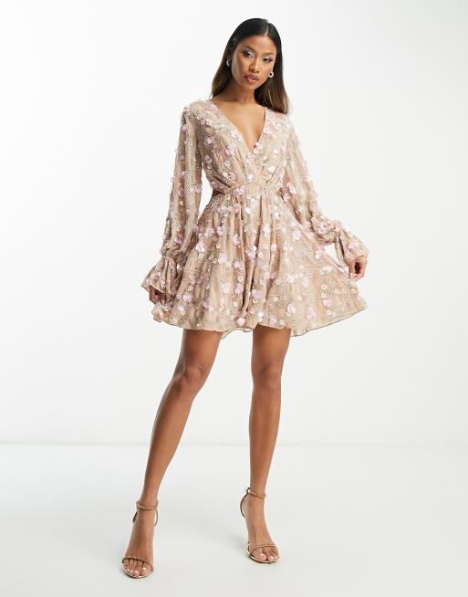 ASOS DESIGN embellished wrap front mini dress with floral detail in beige ASOS