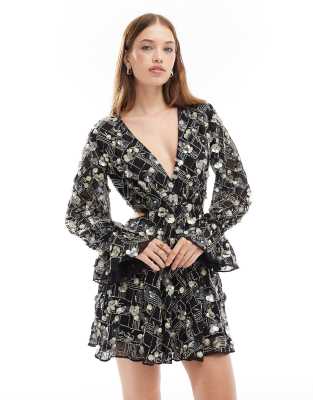 embellished wrap front mini dress with floral detail in black