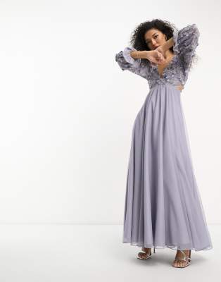 ASOS DESIGN embellished wrap front tulle skirt midaxi dress with floral detail in lilac ASOS