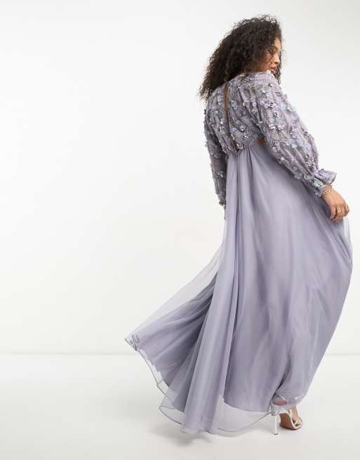 ASOS DESIGN embellished wrap front tulle skirt midaxi dress with floral detail in lilac ASOS