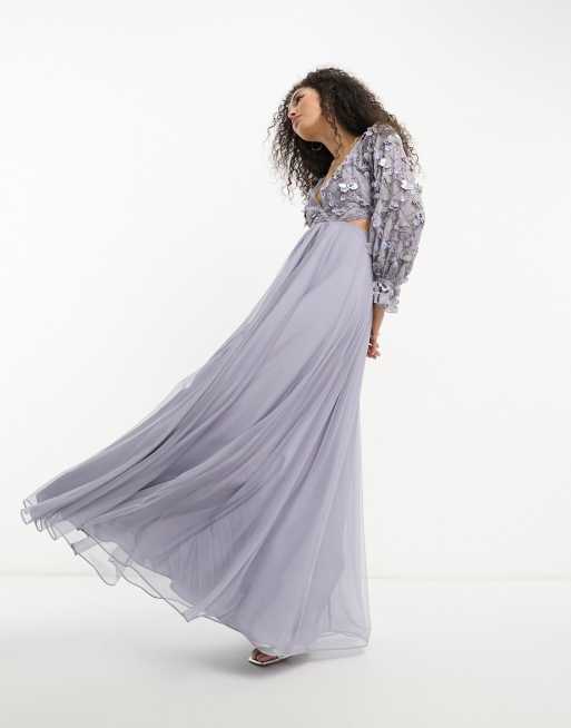 ASOS DESIGN embellished wrap front tulle skirt midaxi dress with floral detail in lilac