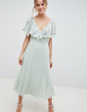 smocked flutter sleeve midi dress