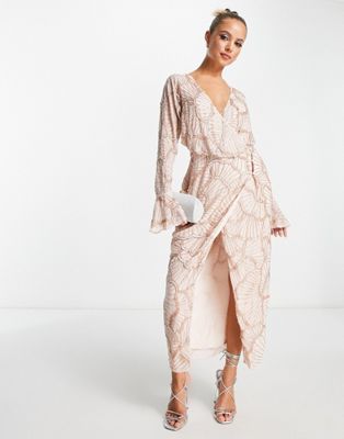 Asos Design Embellished Wrap Midi Dress With Scallop Design In Blush-pink