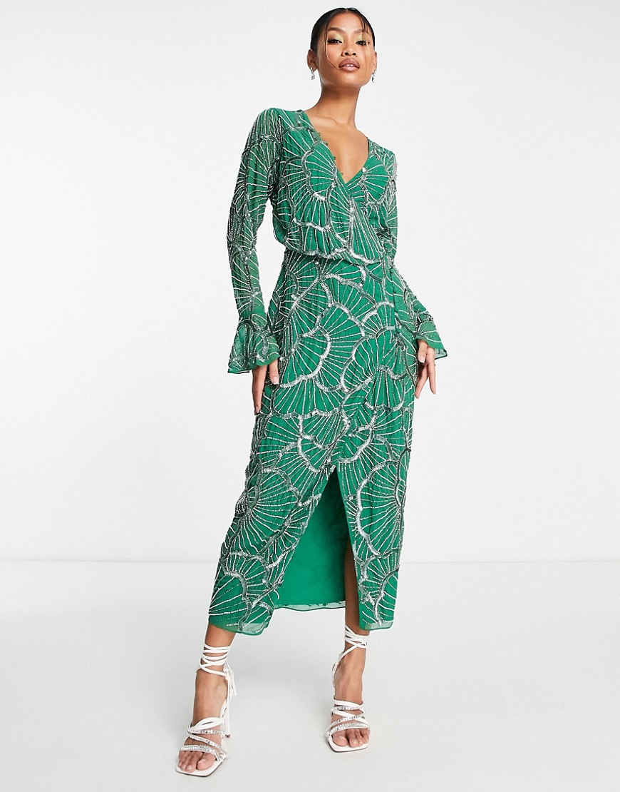 Asos Design Embellished Wrap Midi Dress With Scallop Design In Green