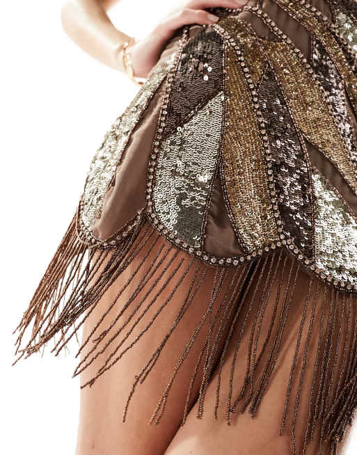 ASOS DESIGN embellished wrap mini dress with fringe beaded hem in chocolate  | ASOS