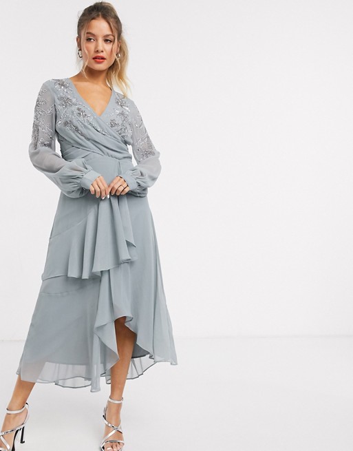 ASOS DESIGN embellished wrap waist midi dress with double layer skirt and long sleeve