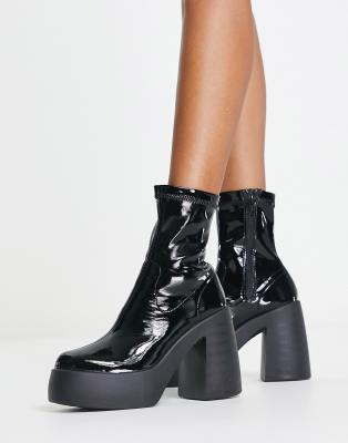 Shop Asos Design Ember High Heeled Sock Boots In Black Patent