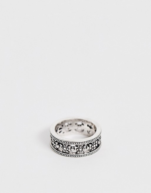 ASOS DESIGN emboss cut-out ring in silver tone